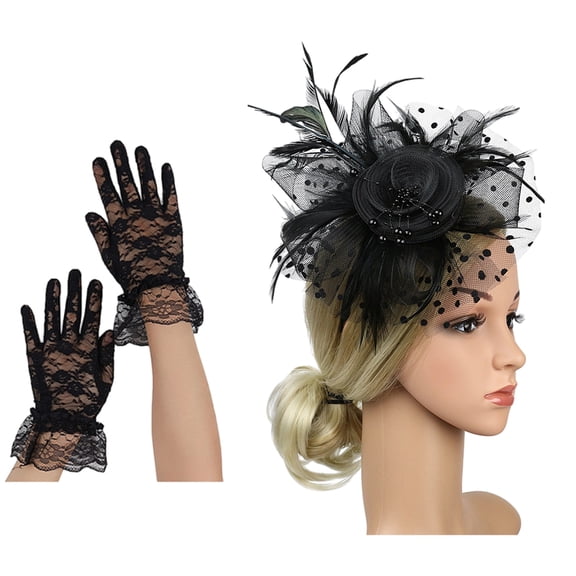 Elegant Lace Veil Fascinator Hat and Wrist Lace Gloves Set Hair Decoration for Bridal Weddings Vintage Tea PartY