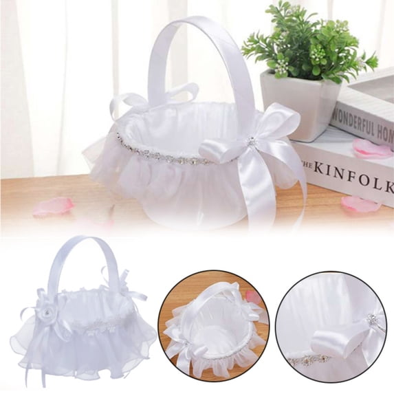 Elegant Lace Wedding Flower Girl Basket with Handle, Decorative Bridal Flower Basket for Wedding Ceremony Party and Home Decoration