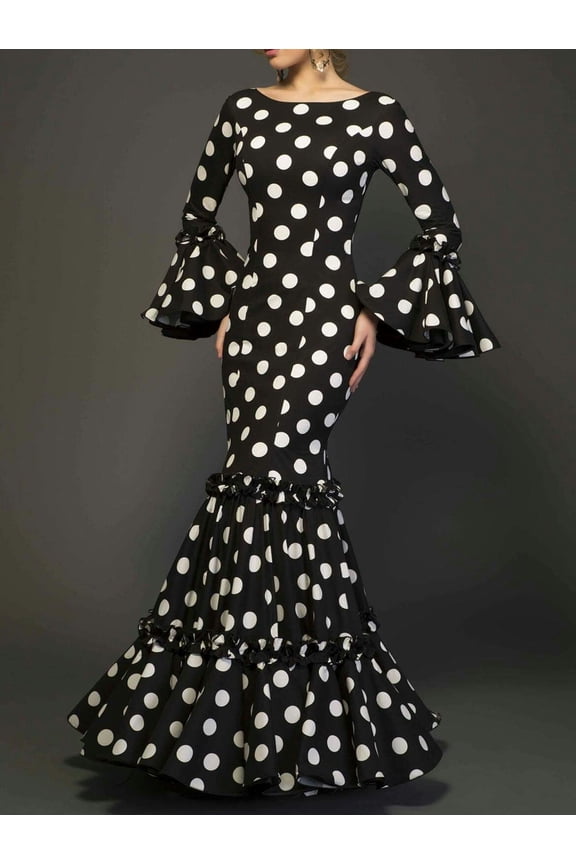 Elegant Ladies Dress Fashionable Trumpet Sleeves Polka Dot Decoration Cascading Ruffle Hem Sexy Fishtail Ladies Evening Dress