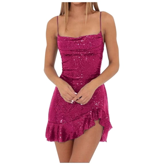 Elegant Ladies Glitter Party Dress with Back Lace Strap and Leaf Edge Sleeveless Design for Events