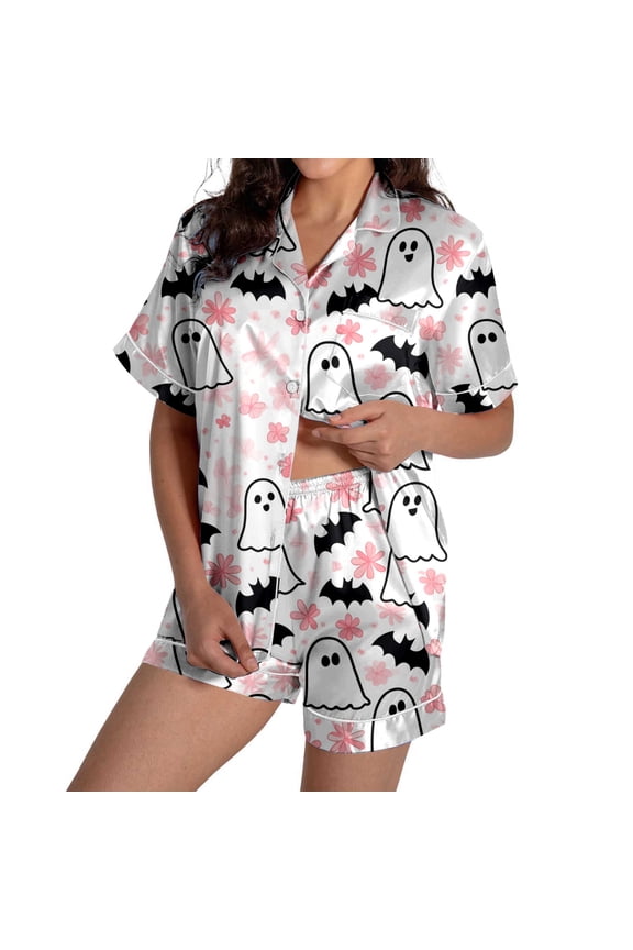 Elegant Ladies Halloween Pumpkin Print Satin Sleepwear Set with Short Sleeve Button Top and Comfortable Pajama Bottoms