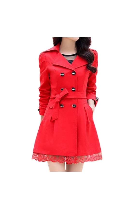 Elegant Ladies Long Sleeve Lace Trim Bowknot Mid Length Trench Style Coat for Women