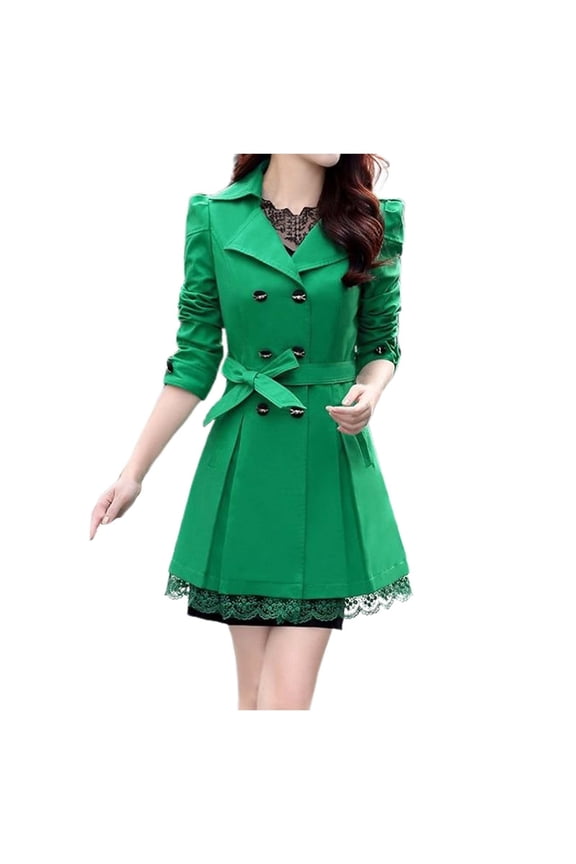Elegant Ladies Long Sleeve Lace Trim Bowknot Mid Length Trench Style Coat for Women