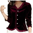 thumbnail image 1 of Elegant Ladies Velvet Tops, Women Ruffle V Neck Long Sleeve Blouses, Party Casual Button Up Velour Shirt Plus Size, 1 of 3