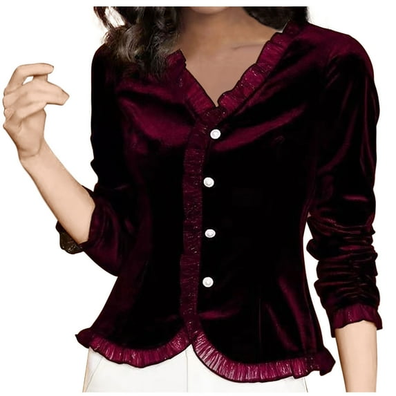 Elegant Ladies Velvet Tops, Women Ruffle V Neck Long Sleeve Blouses, Party Casual Button Up Velour Shirt Plus Size