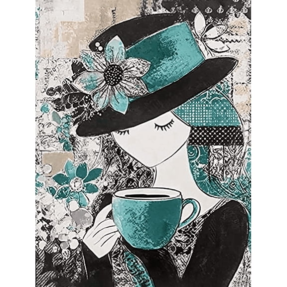 Elegant Lady Coffee Teal Canvas Wall Art Suitable for Living Room Kitchen Office and Decoration.