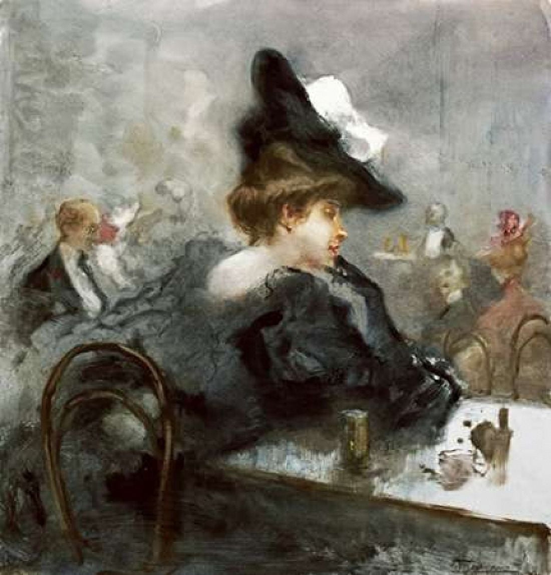 Elegant Lady In Black In a Caf Canvas Art - Pompeo Mariani (24 x 24)