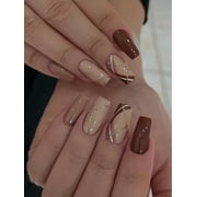 Elegant Lady Red Press-On Nails - 24PCS Medium Square, Line Design, Non-Toxic & Reusable