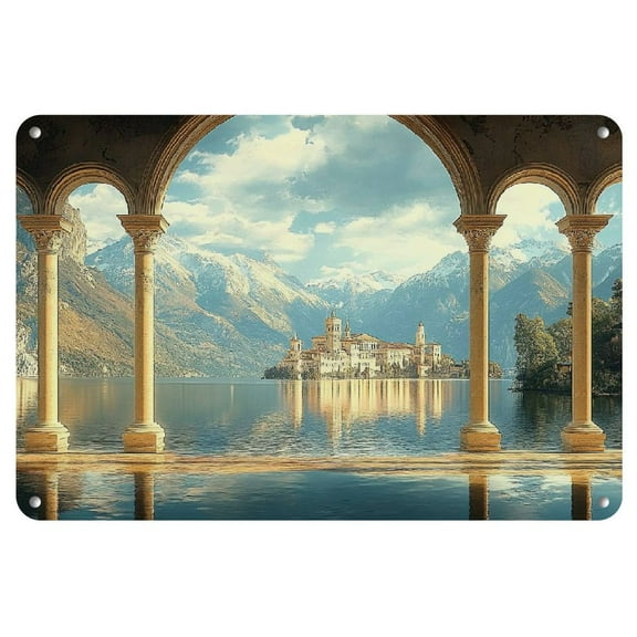 Elegant Lakeside Arch Metal Tin Sign, 8x12 Inch Auminum Wall Art, Ornate Design, Weather-Resistant for Indoor/Outdoor Decor, Ideal for Home, Bar, Cafe - Pre-Drilled Holes, Metal Wall Art Decor