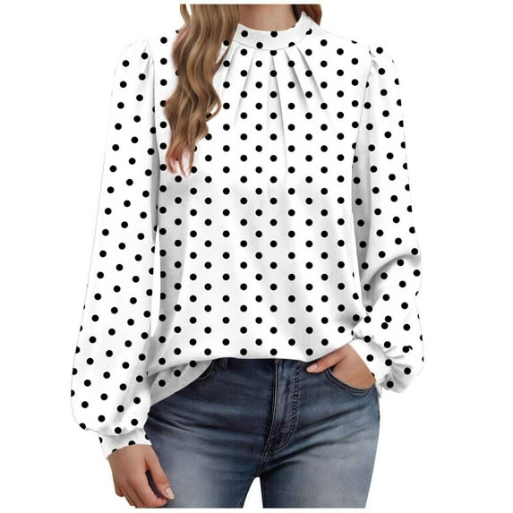 Elegant Lantern Sleeve Tops for Women Dressy Polka Dots Business Casual Blouse Keyhole Back Loose Ladies Office Shirts