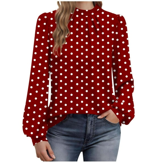 Elegant Lantern Sleeve Tops for Women Dressy Polka Dots Business Casual Blouse Keyhole Back Loose Ladies Office Shirts