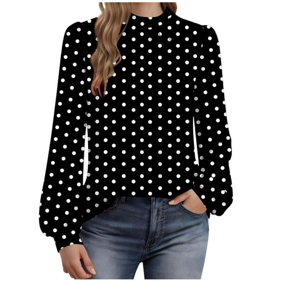 Elegant Lantern Sleeve Tops for Women Dressy Polka Dots Business Casual Blouse Keyhole Back Loose Ladies Office Shirts