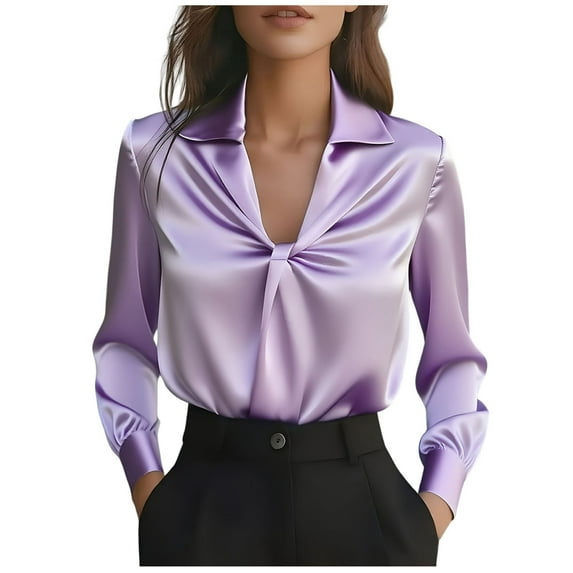 Elegant Lapel Satin Shirts for Women Long Sleeve Loose Business Casual Blouse Dressy V Neck Ladies Tunic Tops