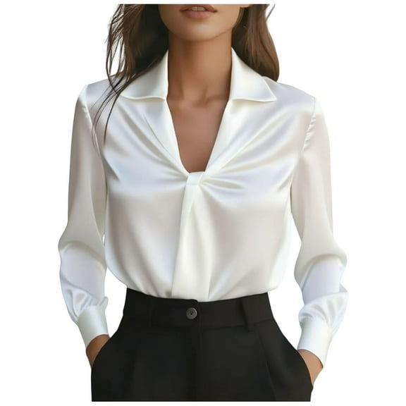Elegant Lapel Satin Shirts for Women Long Sleeve Loose Business Casual Blouse Dressy V Neck Ladies Tunic Tops
