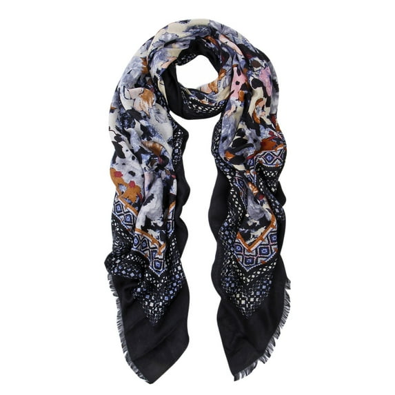 Elegant Large Vintage Floral Design Frayed End Scarf Wrap