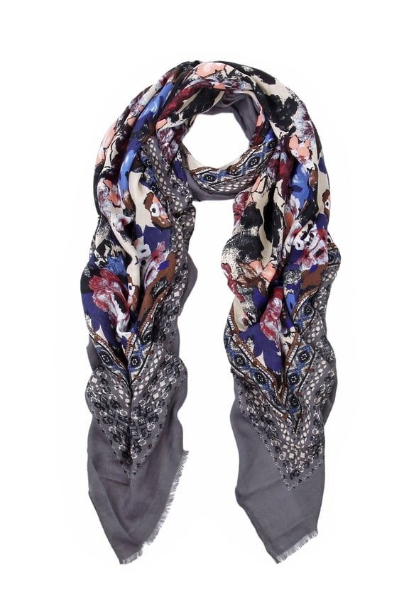 Elegant Large Vintage Floral Design Frayed End Scarf Wrap