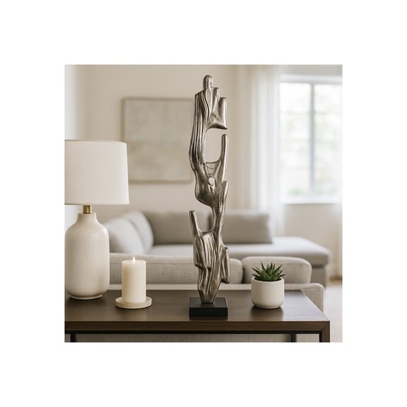 Elegant Large Wood Post Sculpturef or Shelf or Coffee Table Decor - Decorative Accent for Bathroom, Living Room & Home Accent - 32", Silver & Black