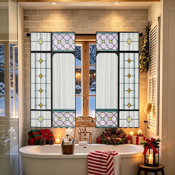 Elegant Lattice Window Stained Glass Print Polyester Curtain, multiple sizes, home decor for bedroom kitchen