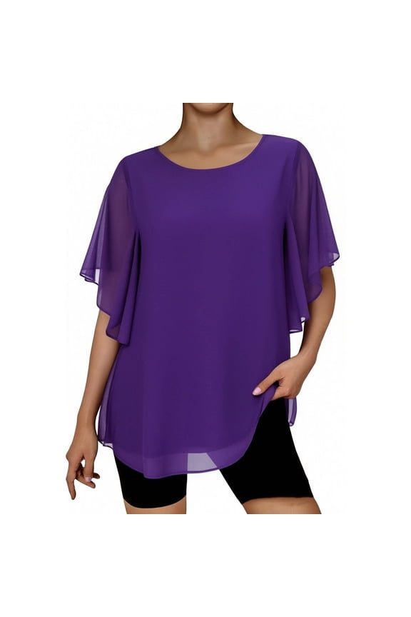 Elegant Layered Chiffon Blouse for Women Flutter Short Sleeve Crewneck Loose Fit Tunic Top Lightweight Breathable Summer Dressy Casual Shirt