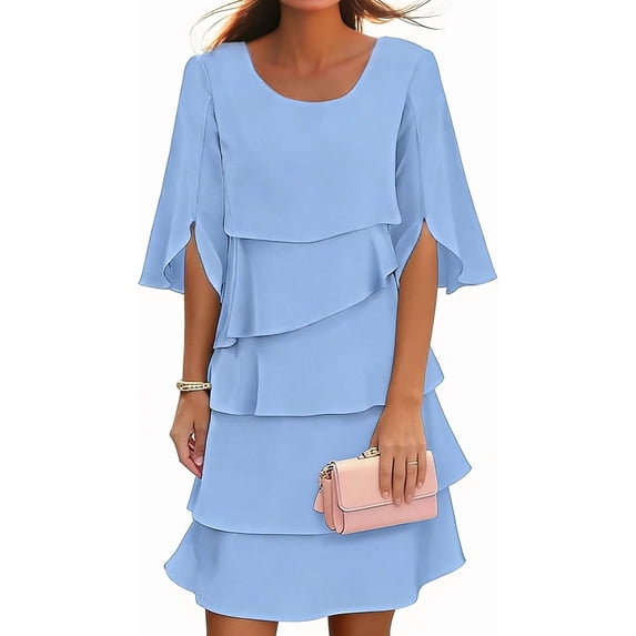 Elegant Layered Dress with Ruffle Sleeves for Women, 3/4 Sleeve Tiered ...