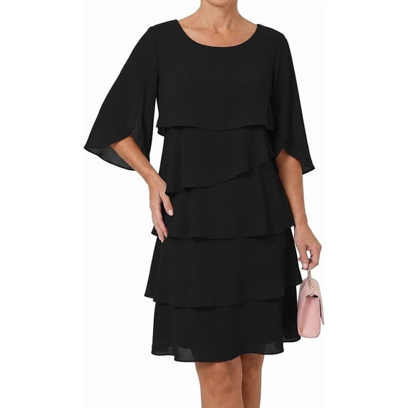 Elegant Layered Dress with Ruffle Sleeves for Women, 3/4 Sleeve Tiered Ruffle Dress Crew Neck Loose Flowy Dresses Parties