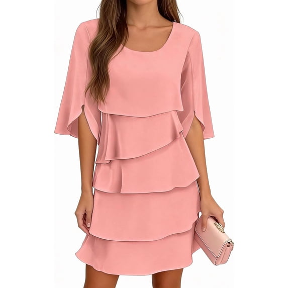 Elegant Layered Dress with Ruffle Sleeves for Women, 3/4 Sleeve Tiered Ruffle Dress Crew Neck Loose Flowy Dresses Parties