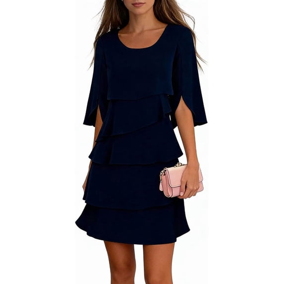 Elegant Layered Dress with Ruffle Sleeves for Women, 3/4 Sleeve Tiered Ruffle Dress Crew Neck Loose Flowy Dresses Parties