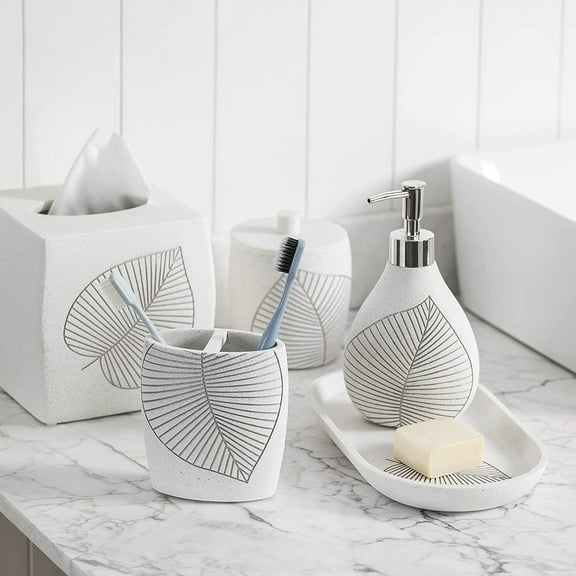 Elegant Leaf Design 5-Piece Bathroom Accessories Set - High Quality Polyresin Ensemble