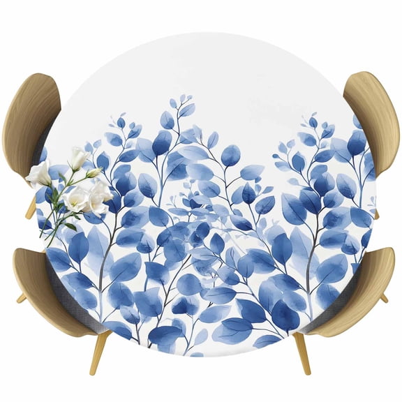 Elegant Leaf Round Tablecloth 36-44 Inch Round Fitted Table Cloth with Elastic Edge, Blue Leaves Summer Botanical Plants Waterproof Table Cover Protector for Outdoor Picnic Party Dining