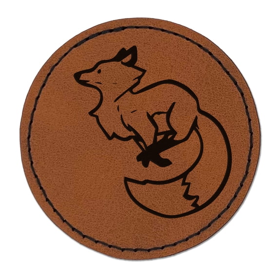 Elegant Leaping Fox 2.5" Faux Leather Round Engraved Iron-On Patch - Brown