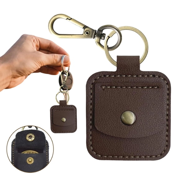 Elegant Leather Coin Rings Holder Keychain, Double-Sided Transparent Coin Display Case, Coins Pouch Keychain for Coin, Dark Brown