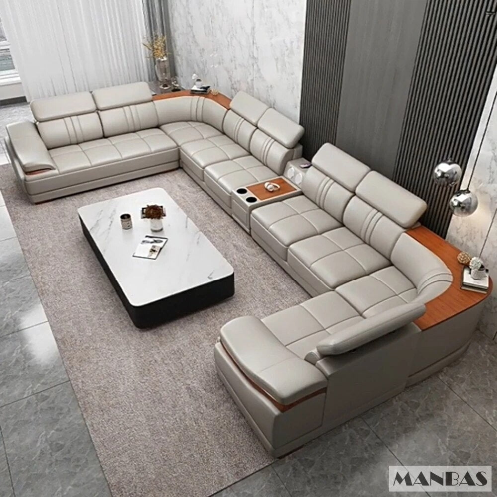 Elegant Leather Sectional Sofas Sets with Cup Holder, Adjustable ...