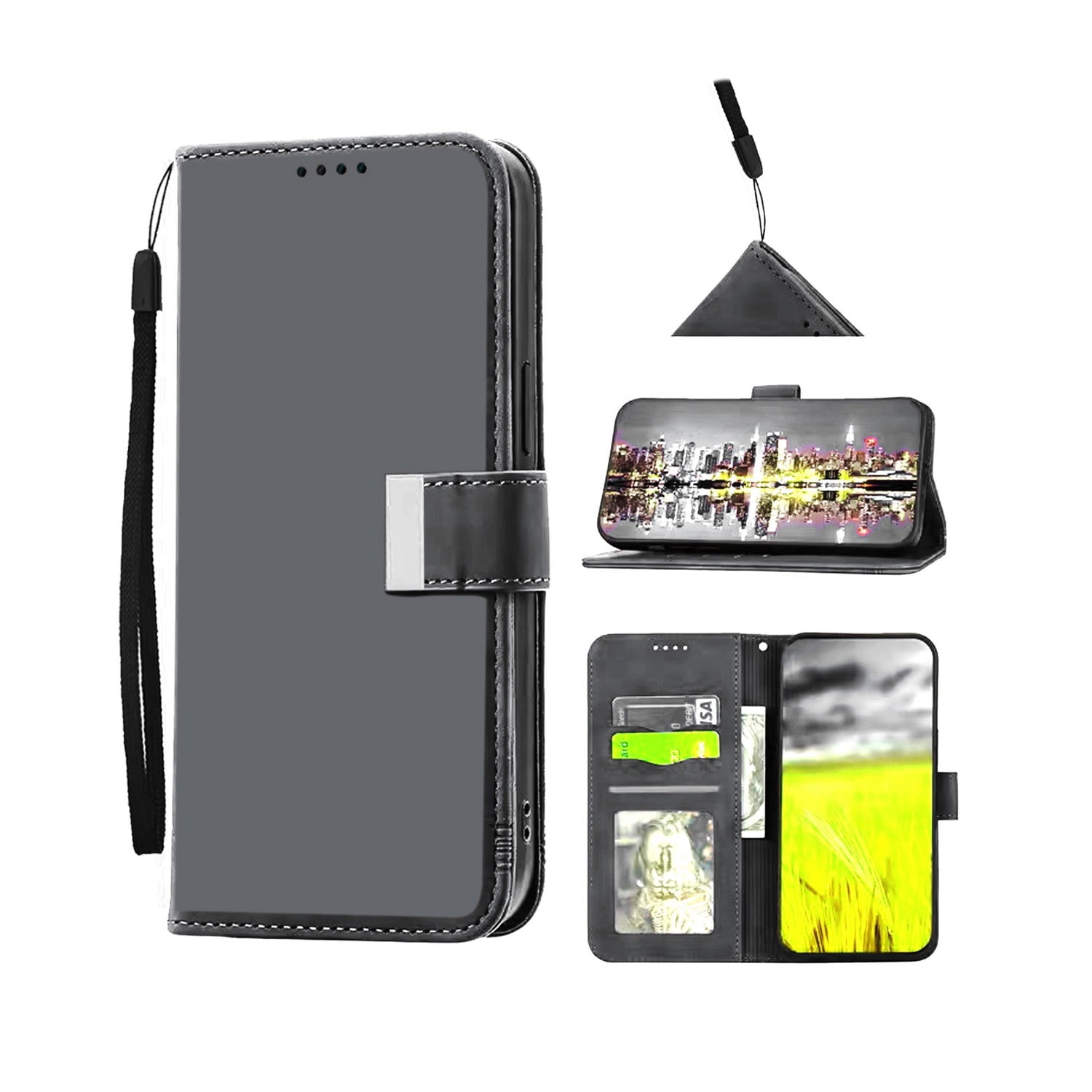 Elegant Leather Wallet Case with Wristlet Strap for iPhone 17 Pro Max - Black