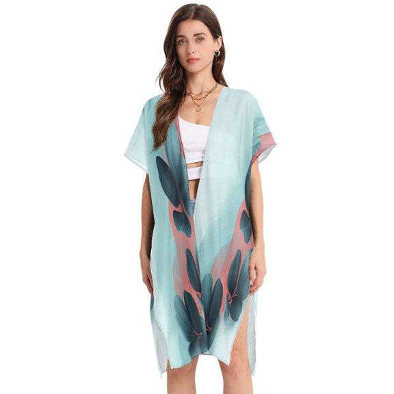 Elegant Leaves Background Women's Swimwear Cover Up Summer Cardigan Beach Pool Cover Up Loose for Swimsuits Casual Wear
