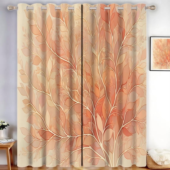 Elegant Leaves Blackout Curtains Branch Veins Thermal Eyelet Curtains Ring Top Peach Window Drapes For Living Room, Bedroom 38"W x 54"L (Pack of 2)