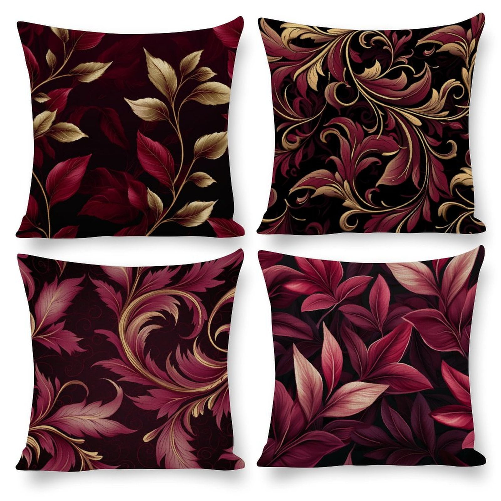 Elegant Leaves Burgundy Elegant Leaves Throw Pillow Covers 16"x16" Set