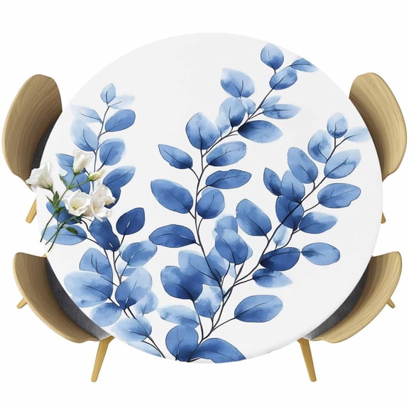 Elegant Leaves Round Tablecloth 36-44 Inch Round Fitted Table Cloth with Elastic Edge, Spring Botanical Garden Leaf Retro Waterproof Table Cover Protector for Outdoor Picnic Party Dining