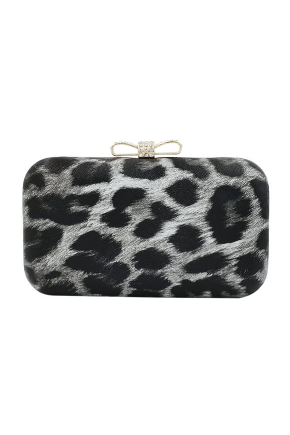Elegant Leopard PU Leather Crystal Bow Top Hard Clutch