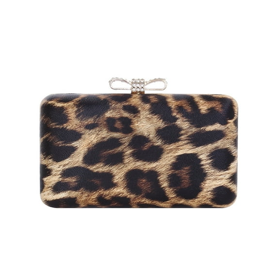 Elegant Leopard PU Leather Crystal Bow Top Hard Clutch