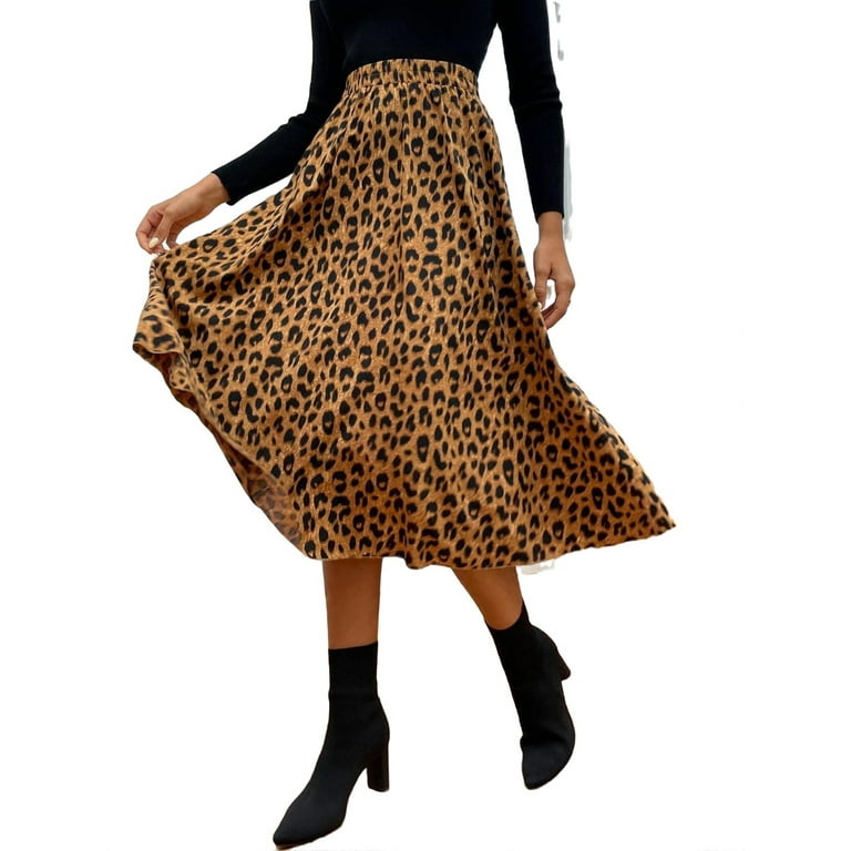 Elegant Leopard Print Flared Skirt Multicolor Womens Skirt Without Belt Women s