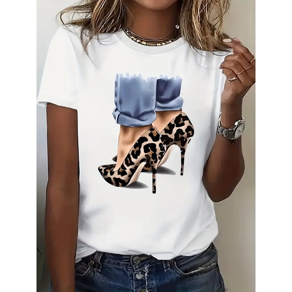 Elegant Leopard Print High Heels Graphic Women‘s Casual Short Sleeve Crew Neck T-Shirt, Breathable Soft Fashionable Easy Daily Top