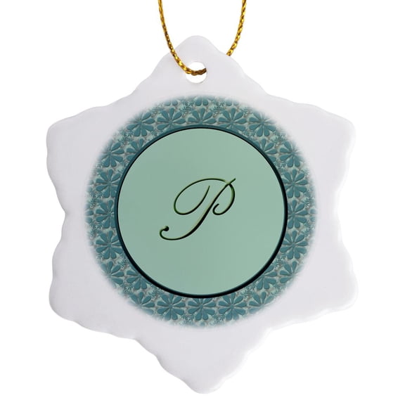 3drose, Elegant Letter P in a Round Frame Surrounded by a Floral Pattern All in Teal Green Monotones, 3 inch Snowflake Porcelain Ornament