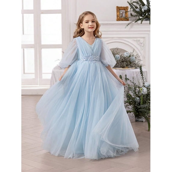 Elegant Light Blue Tulle Ball Gown Dress With Embroidered Waistband