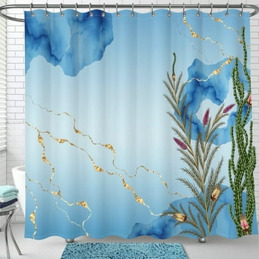 Elegant Light Blue Watercolor Shower Curtain with Gold Accents - Modern Bathroom Decor