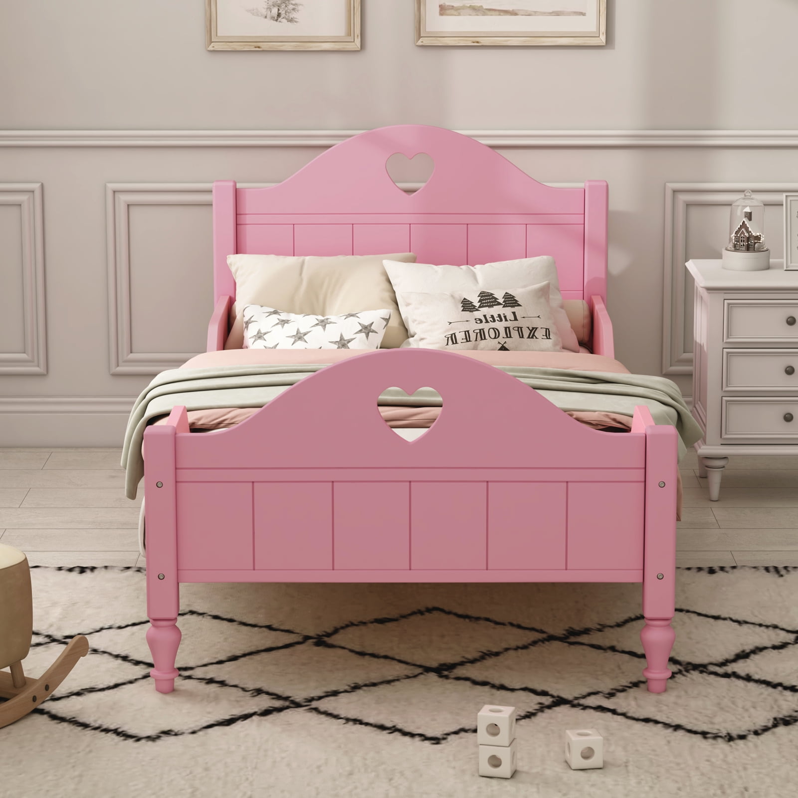Elegant Light Pink Macaron Twin Toddler Bed with Safety Rails, the