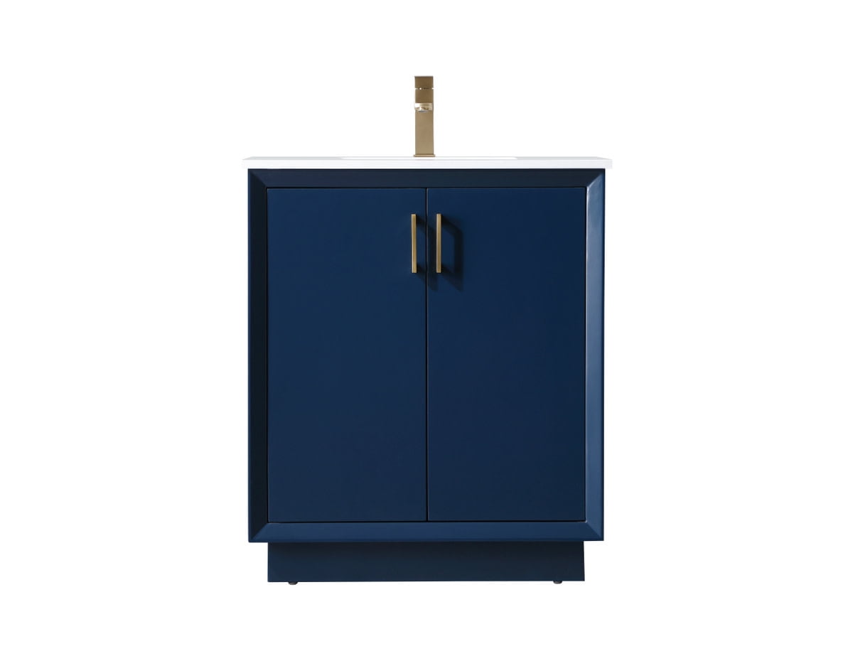 Blue Freestanding Single Vanity with Gold Hardware and Marble Countertop