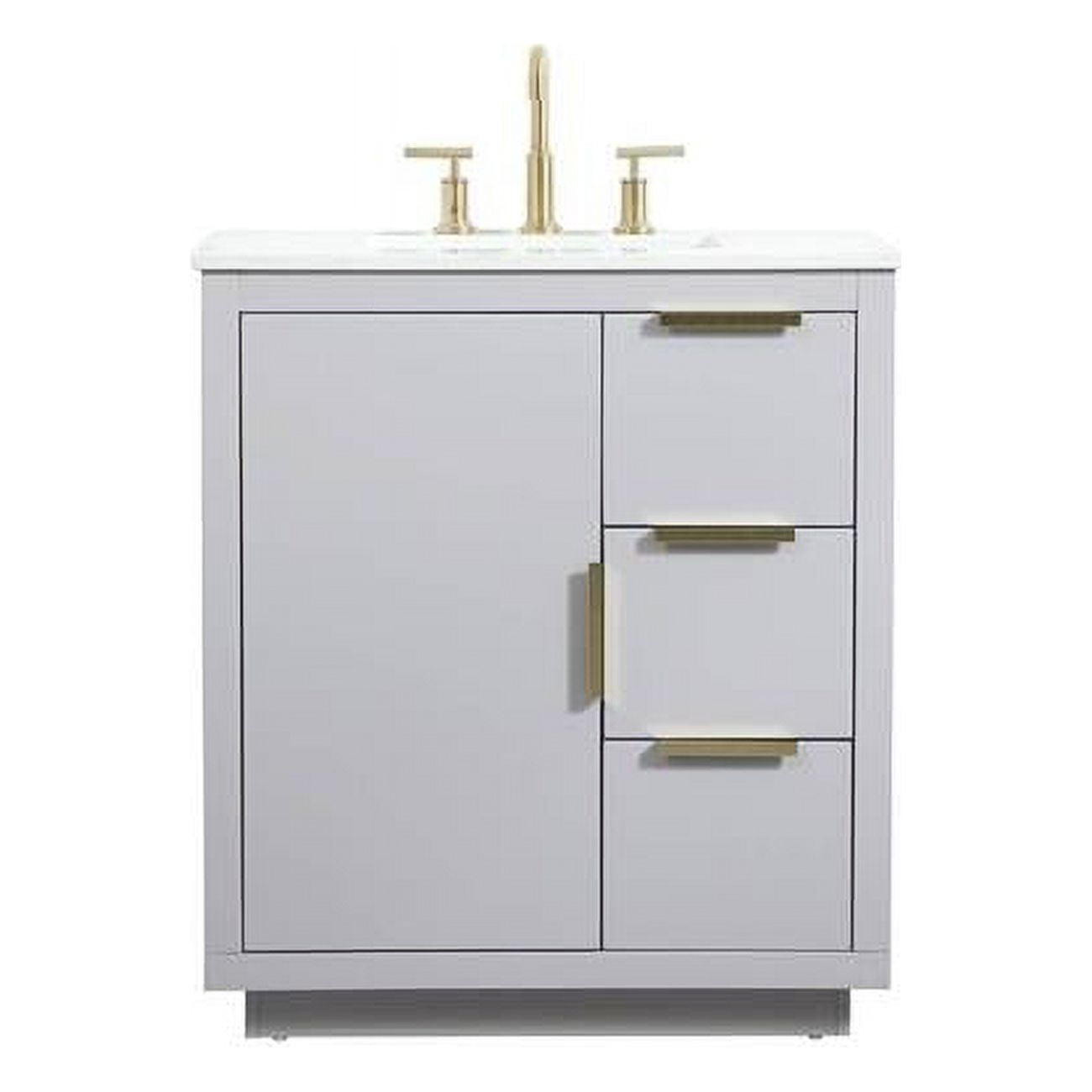 Gray 30" Single Bathroom Vanity with Gold Handles and Quartz Top