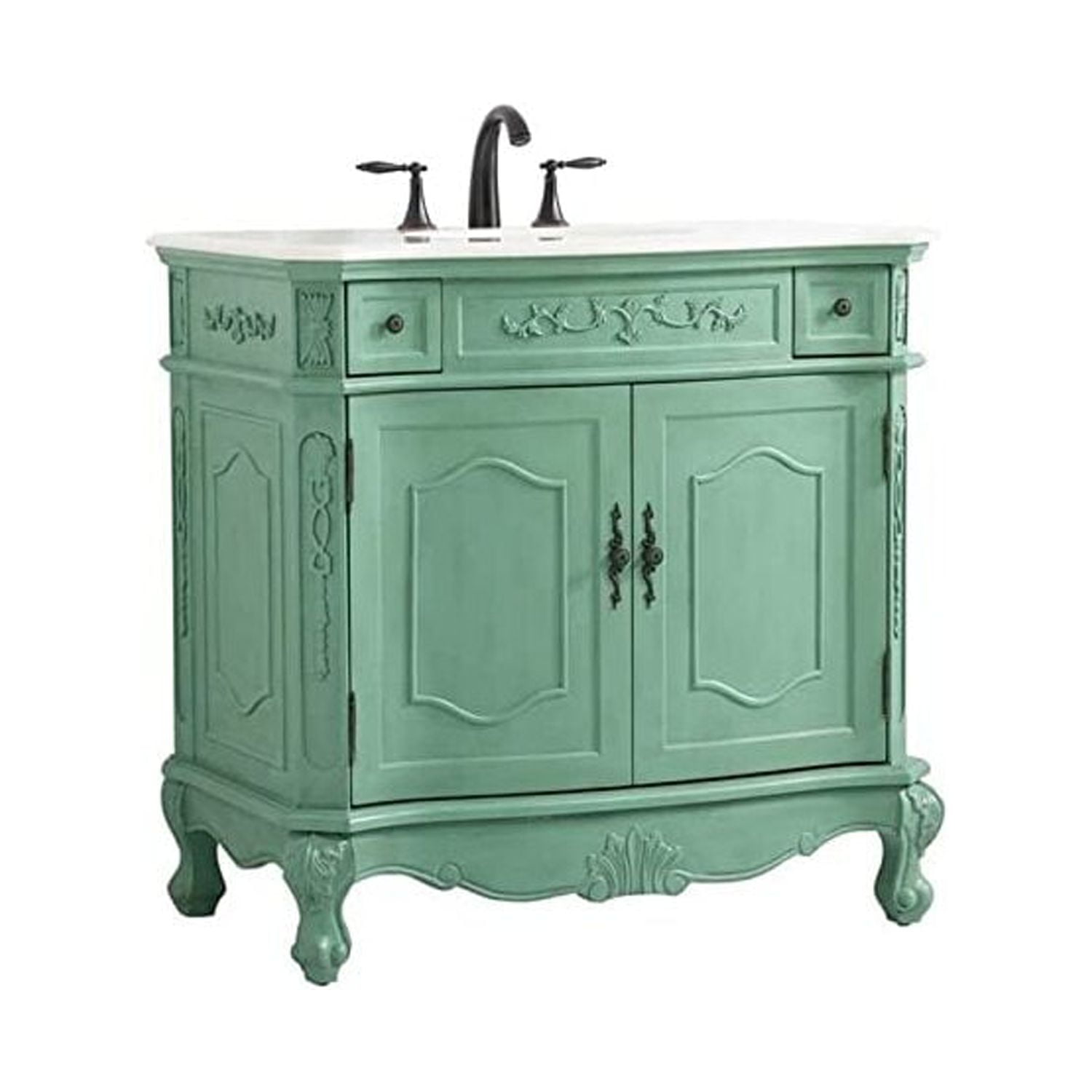 Vintage Mint Solid Wood Single Bathroom Vanity with Marble Countertop