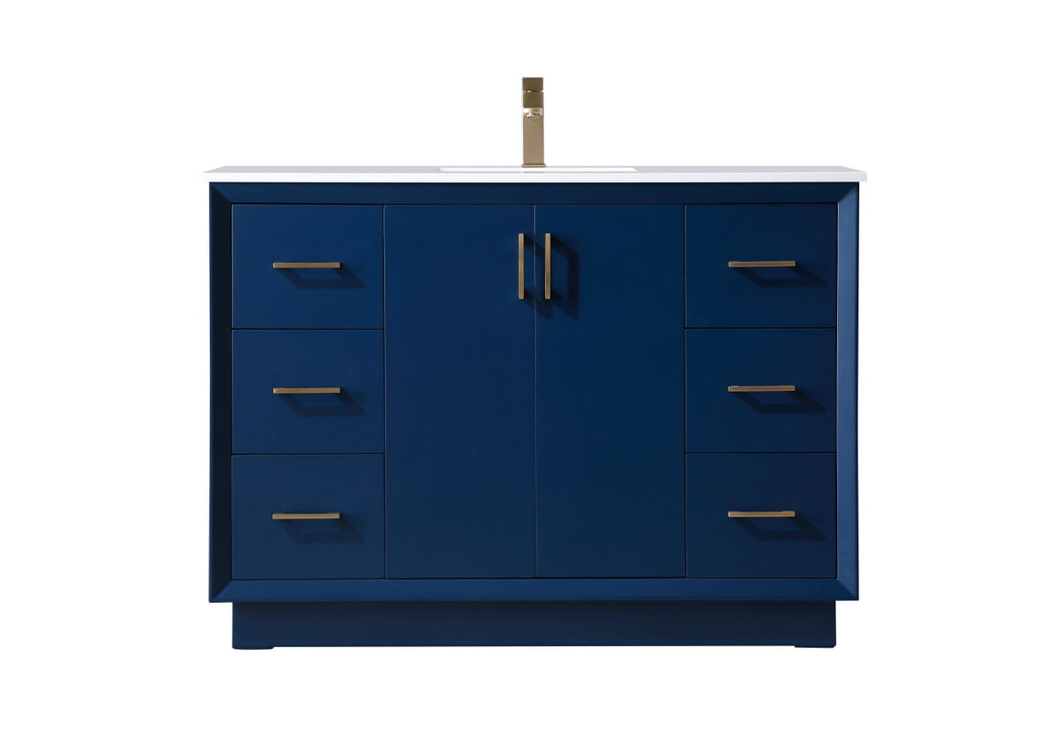 Blue 48" Freestanding Vanity with Gold Hardware and Marble Top