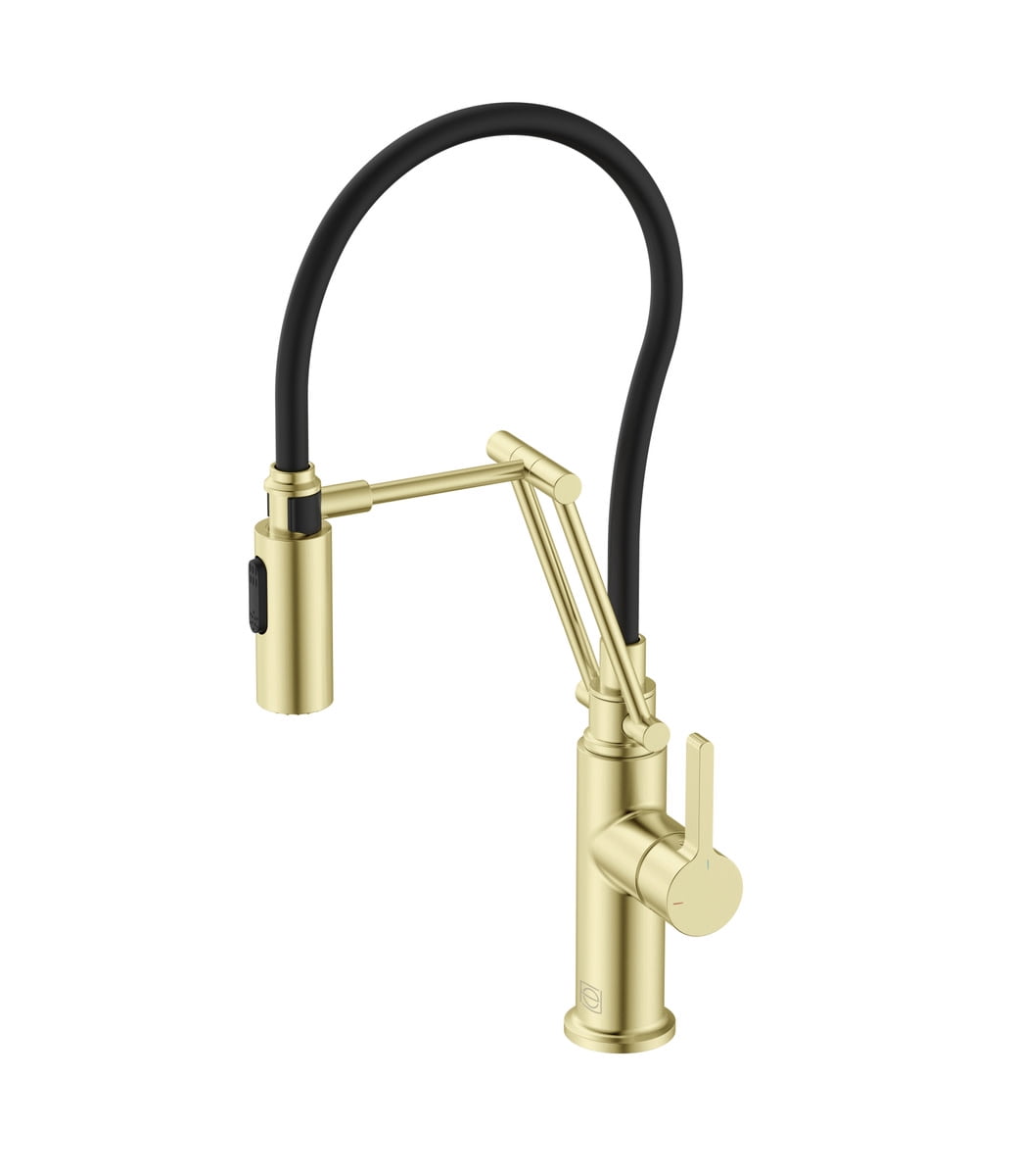Brushed Gold Brass Low Arc Kitchen Faucet with Pull-out Spray